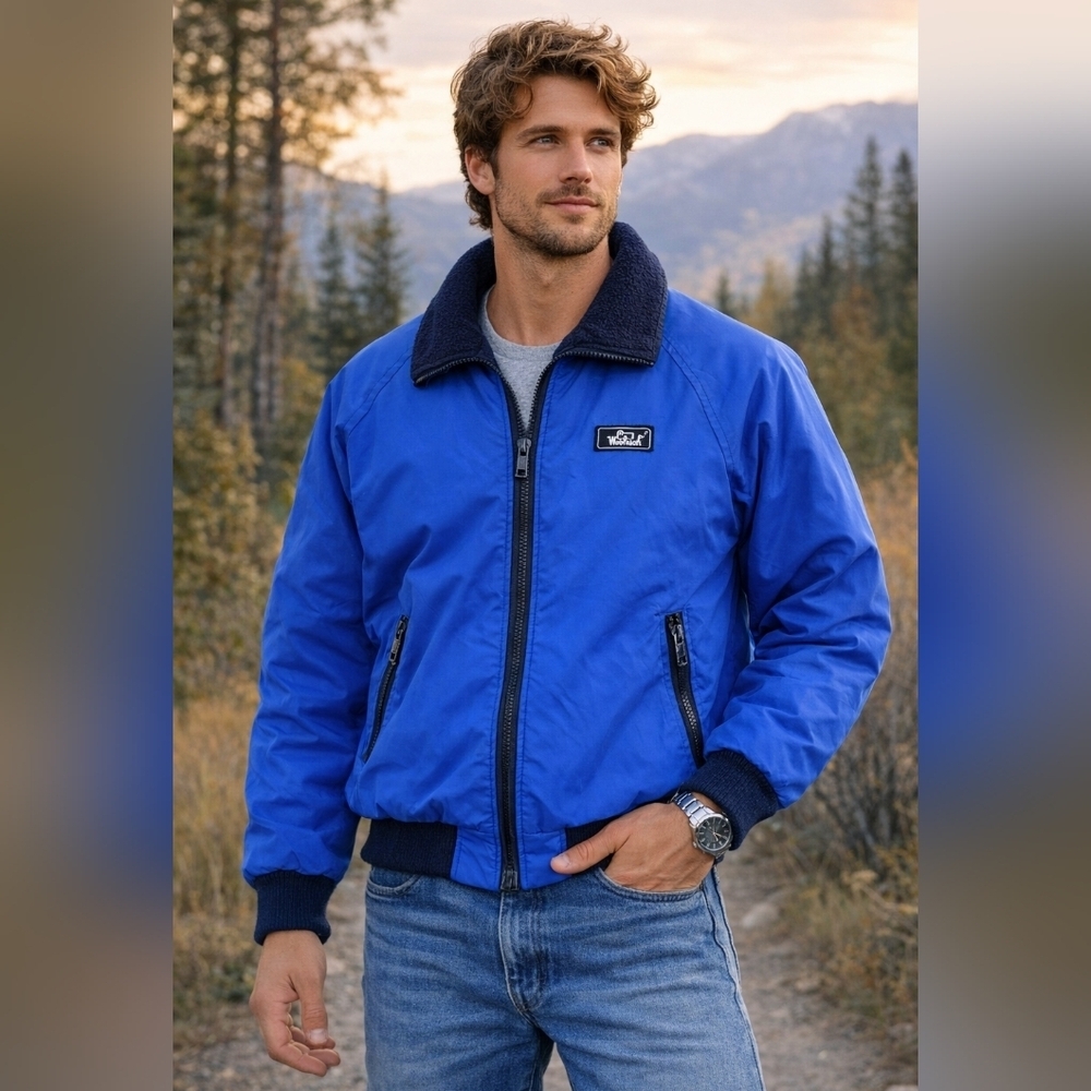 Vintage Woolrich Blue Fleece Lined Bomber Jacket USA Made YKK Zip Zip Pockets